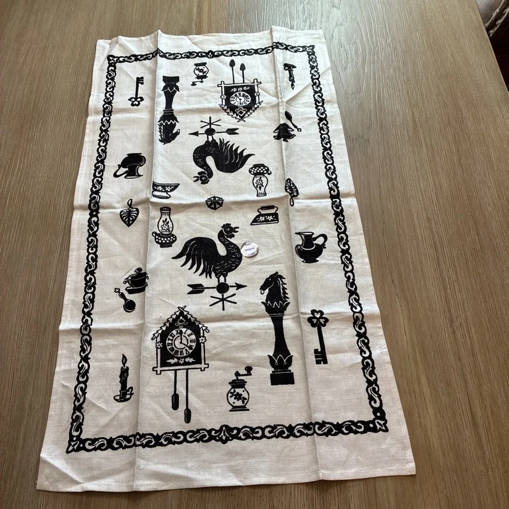VTG Pure Belgium Linen Kitchen Tea Towel Cream & Black Cottagecore 16x29